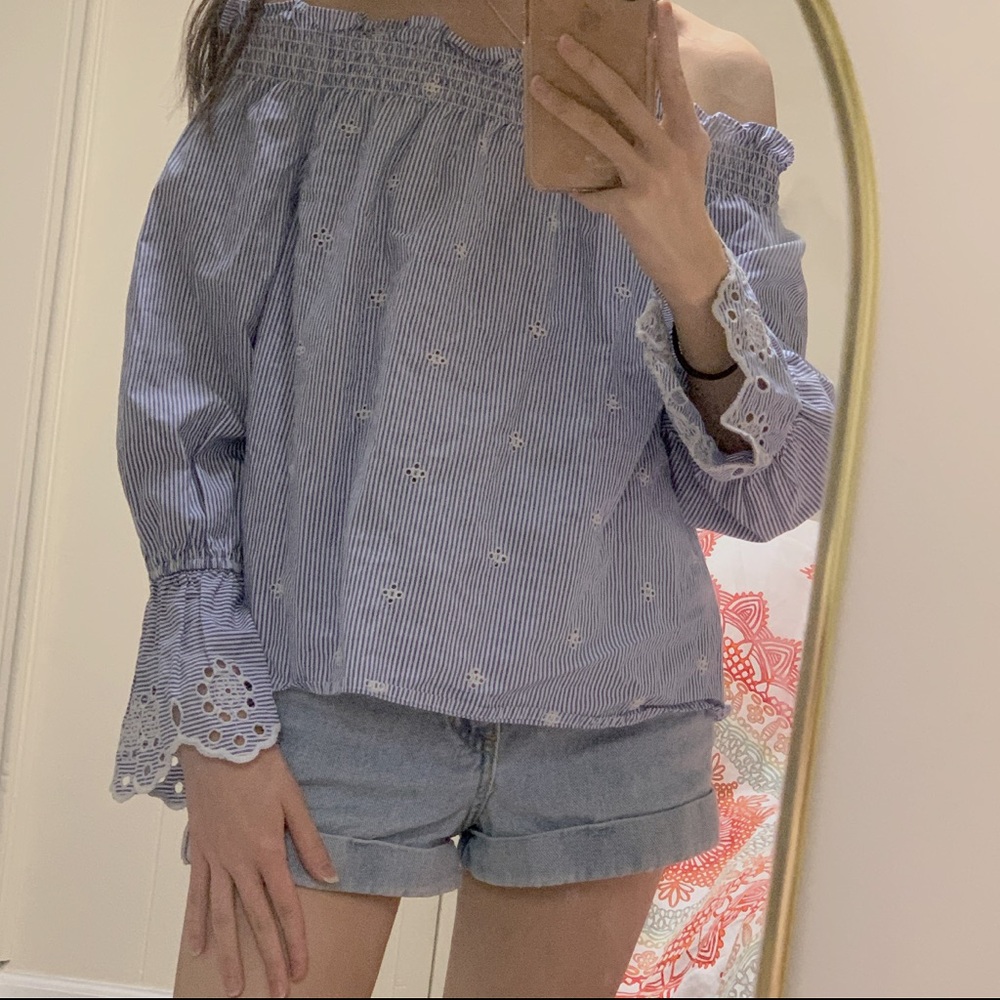 off shoulder baby blue top